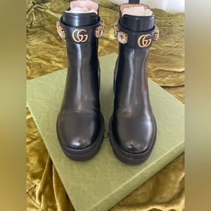 GUCCI LEATHER ANKLE BOOT WITH CRYSTAL BELT AND SNAKE SOLE 36.5